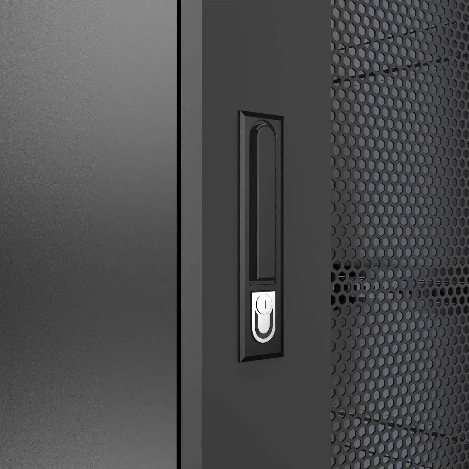 8-poignee-serrure-baie-serveur Baie en kit Ligne 800 42U 600x600mm, porte avant : Simple Verre, porte arrière : Simple Nid d'Abeille, avec panneaux latéraux (71018) (Copy) – Bild 4